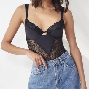 Urban Outfitters - Out from Under Black Lace Cupped Bra Thong Bodysuit
